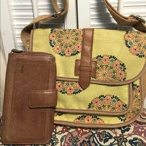 Fossil Shay Woven Floral Canvas Flap Crossbody w/Leather Wallet ✅Offers Welcome